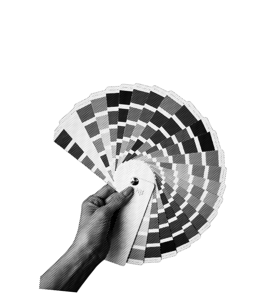 imagem em tons de cinza pixelada de uma mão segurando uma cartela de cores