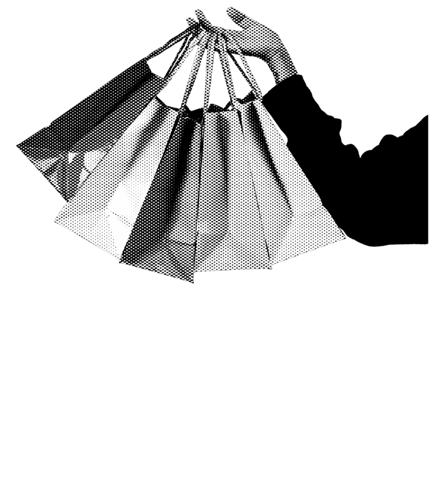 imagem em tons de cinza pixelada de uma mão segurando várias sacolas de compras