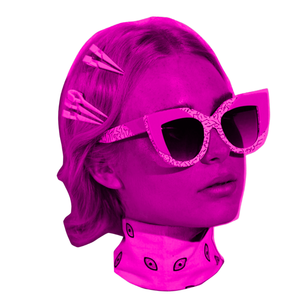 rosto de mulher usando óculos na cor rosa